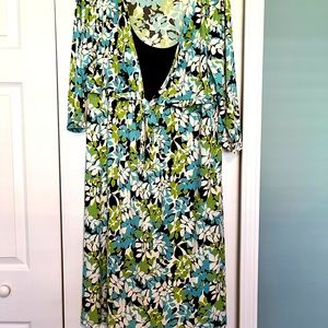 New Spring dress with brown, light blue and white leaves. Size 1x midi length